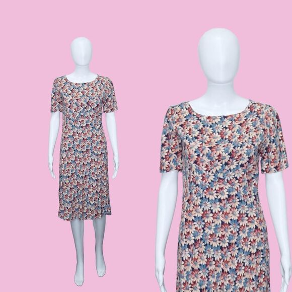 1940s-1950s. Short Sleeve. Blue, Red, and Beige Floral Print Dress. Medium - Picture 1 of 10